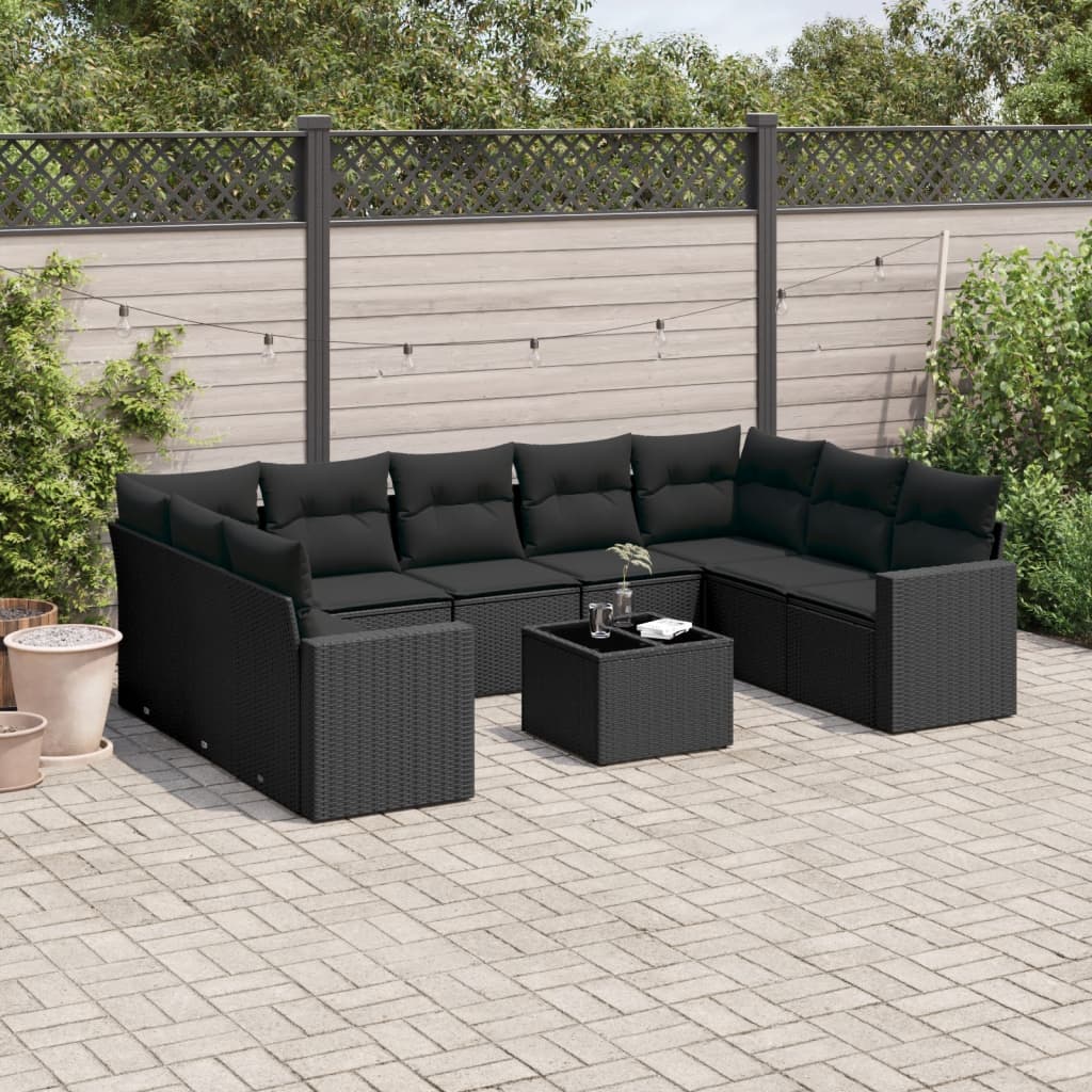 10-tlg. Garten-Sofagarnitur mit Kissen Schwarz Poly Rattan