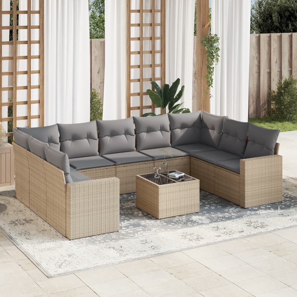 10-tlg. Garten-Sofagarnitur mit Kissen Beige Poly Rattan