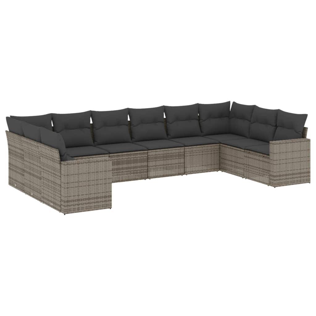 10-tlg. Garten-Sofagarnitur mit Kissen Grau Poly Rattan