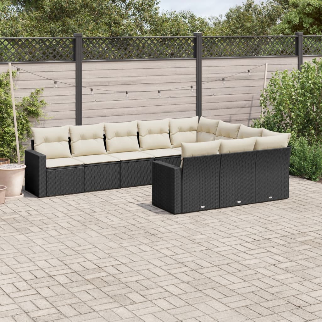 10-tlg. Garten-Sofagarnitur mit Kissen Schwarz Poly Rattan