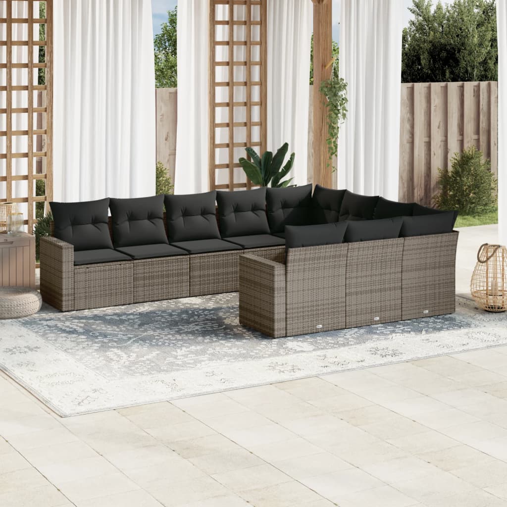 10-tlg. Garten-Sofagarnitur mit Kissen Grau Poly Rattan