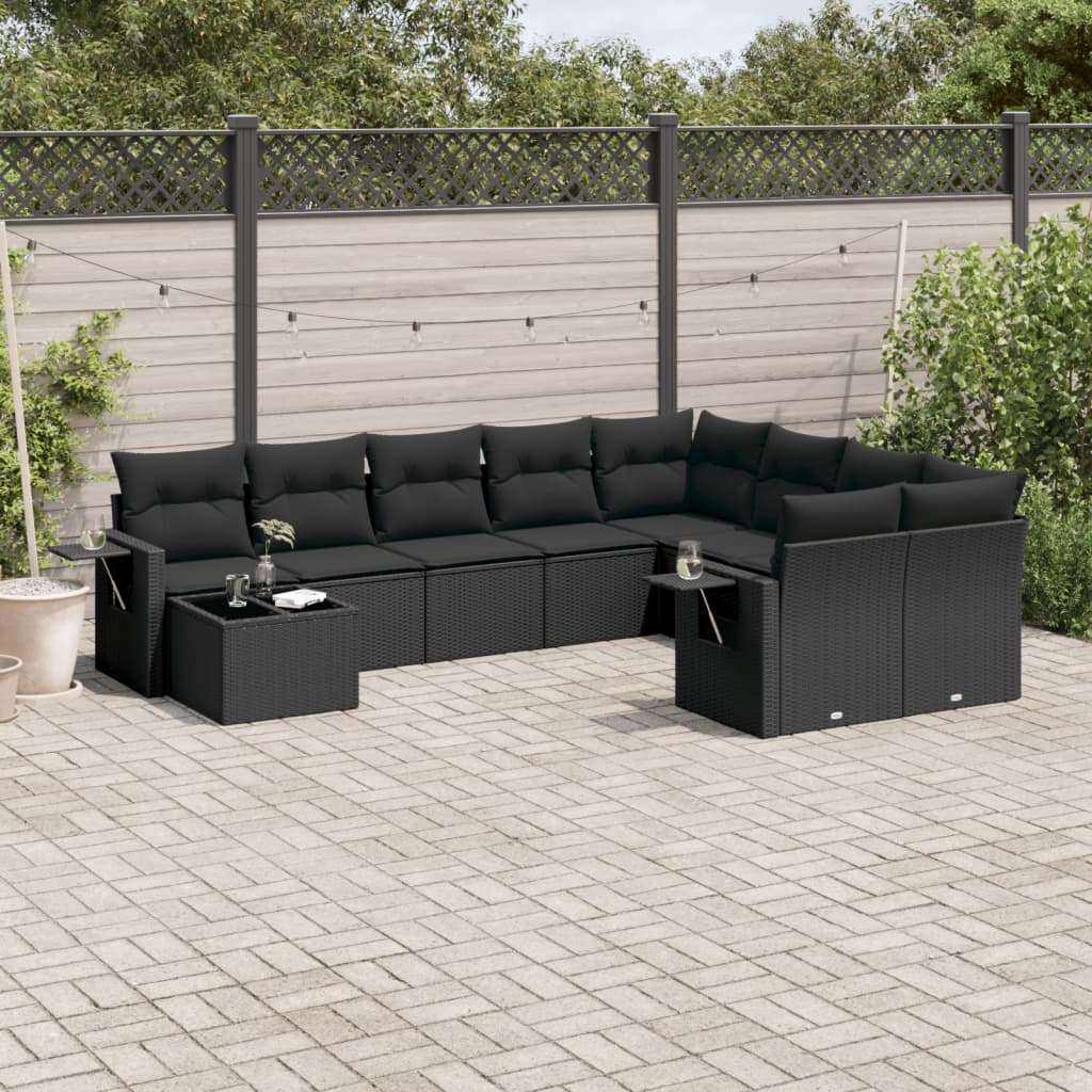 10-tlg. Garten-Sofagarnitur mit Kissen Schwarz Poly Rattan