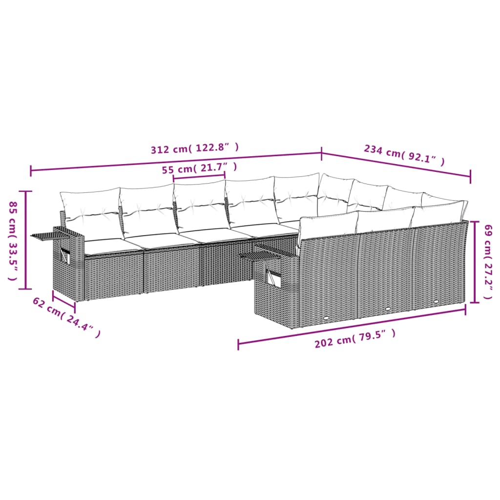 10-tlg. Garten-Sofagarnitur mit Kissen Hellgrau Poly Rattan