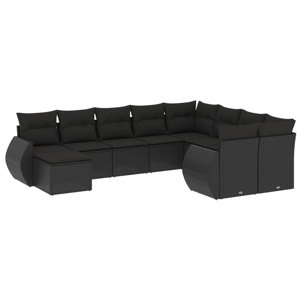 10-tlg. Garten-Sofagarnitur mit Kissen Schwarz Poly Rattan