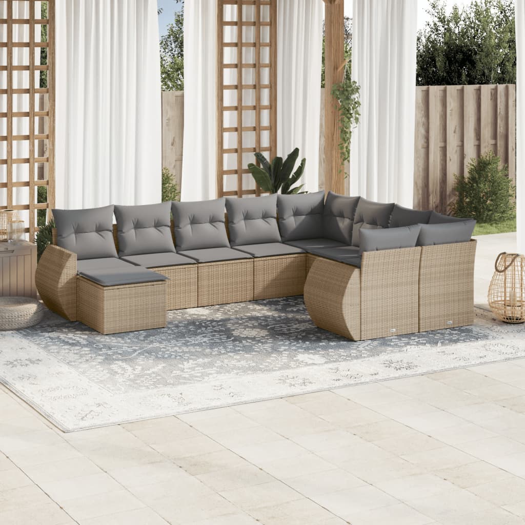 10-tlg. Garten-Sofagarnitur mit Kissen Beige Poly Rattan