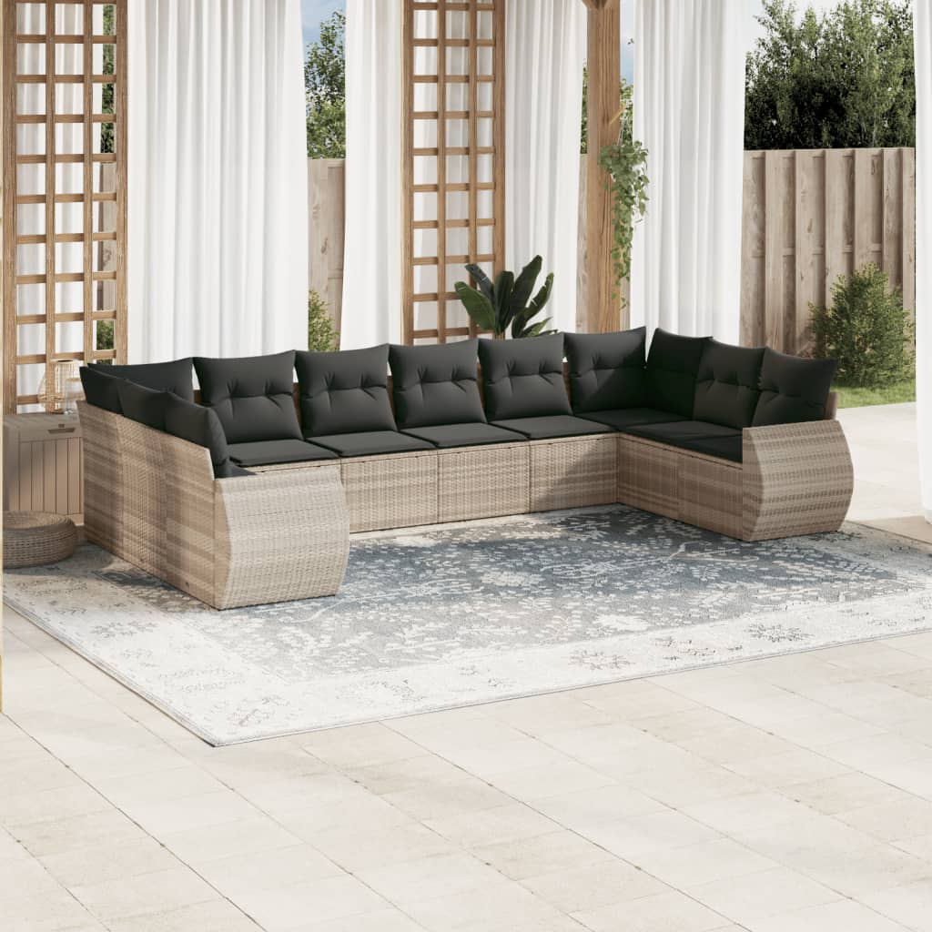 10-tlg. Garten-Sofagarnitur mit Kissen Hellgrau Poly Rattan