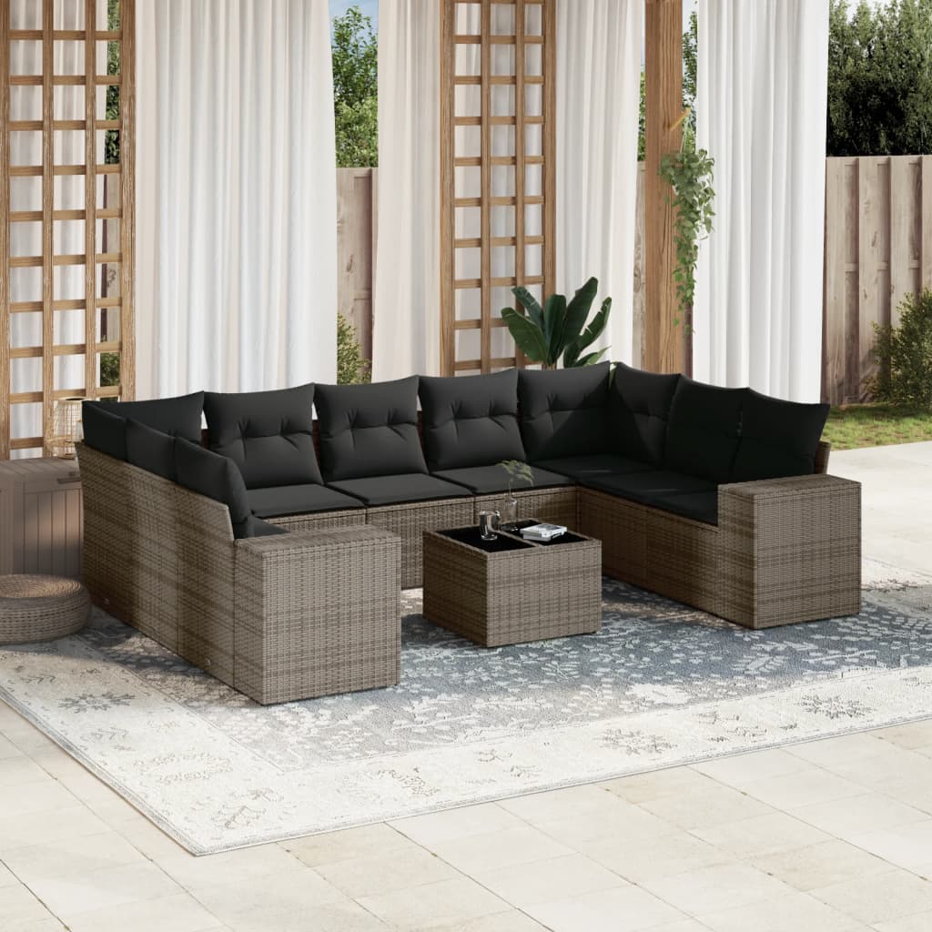 10-tlg. Garten-Sofagarnitur mit Kissen Grau Poly Rattan