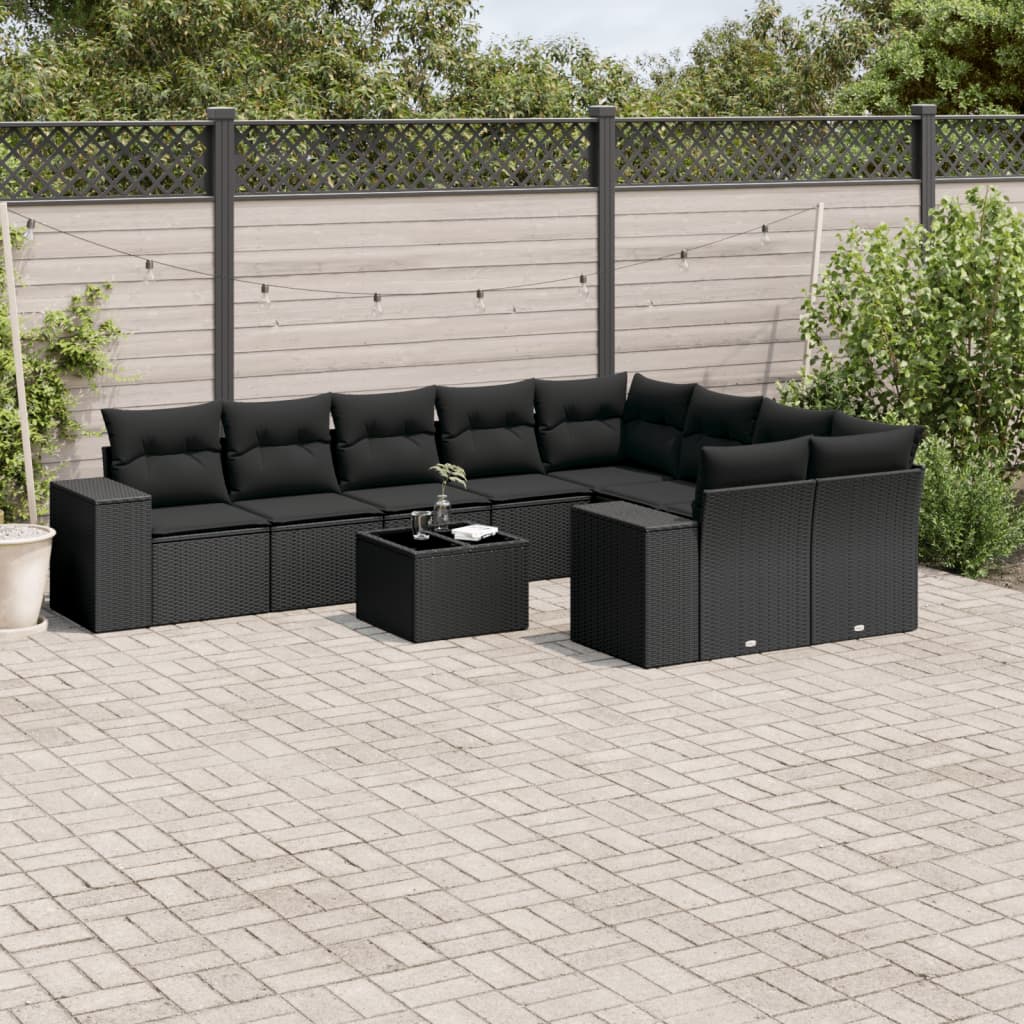 10-tlg. Garten-Sofagarnitur mit Kissen Schwarz Poly Rattan