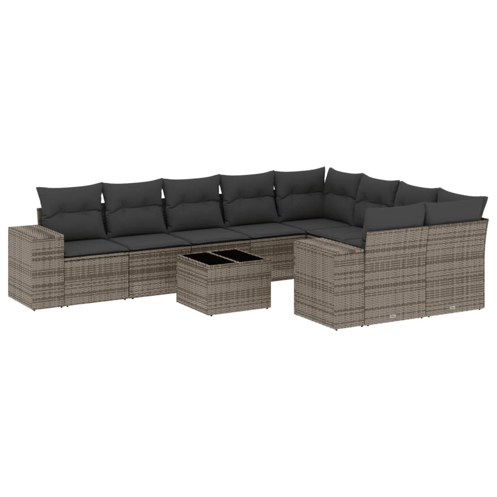 10-tlg. Garten-Sofagarnitur mit Kissen Grau Poly Rattan