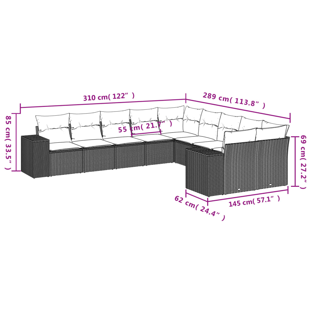 10-tlg. Garten-Sofagarnitur mit Kissen Schwarz Poly Rattan