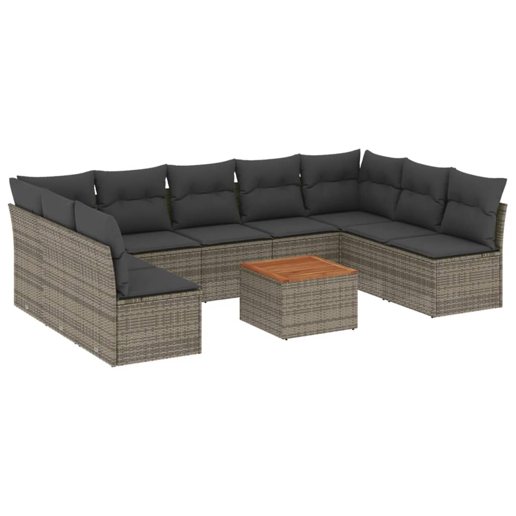 10-tlg. Garten-Sofagarnitur mit Kissen Grau Poly Rattan