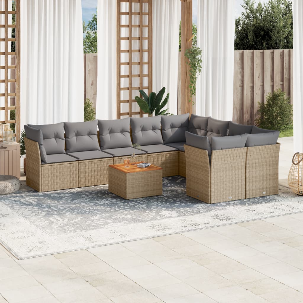 10-tlg. Garten-Sofagarnitur mit Kissen Beige Poly Rattan