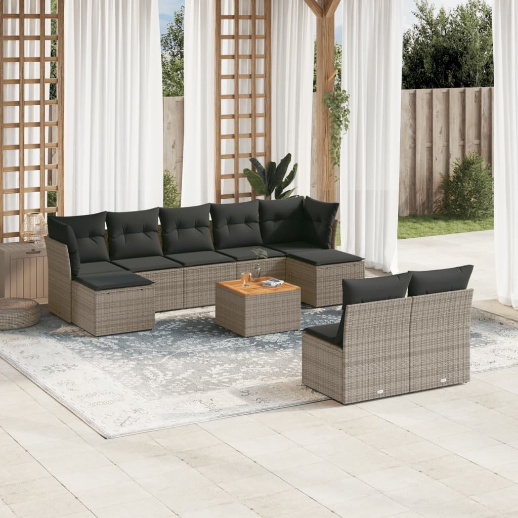 10-tlg. Garten-Sofagarnitur mit Kissen Grau Poly Rattan