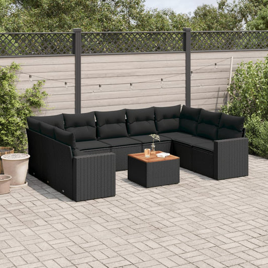 10-tlg. Garten-Sofagarnitur mit Kissen Schwarz Poly Rattan