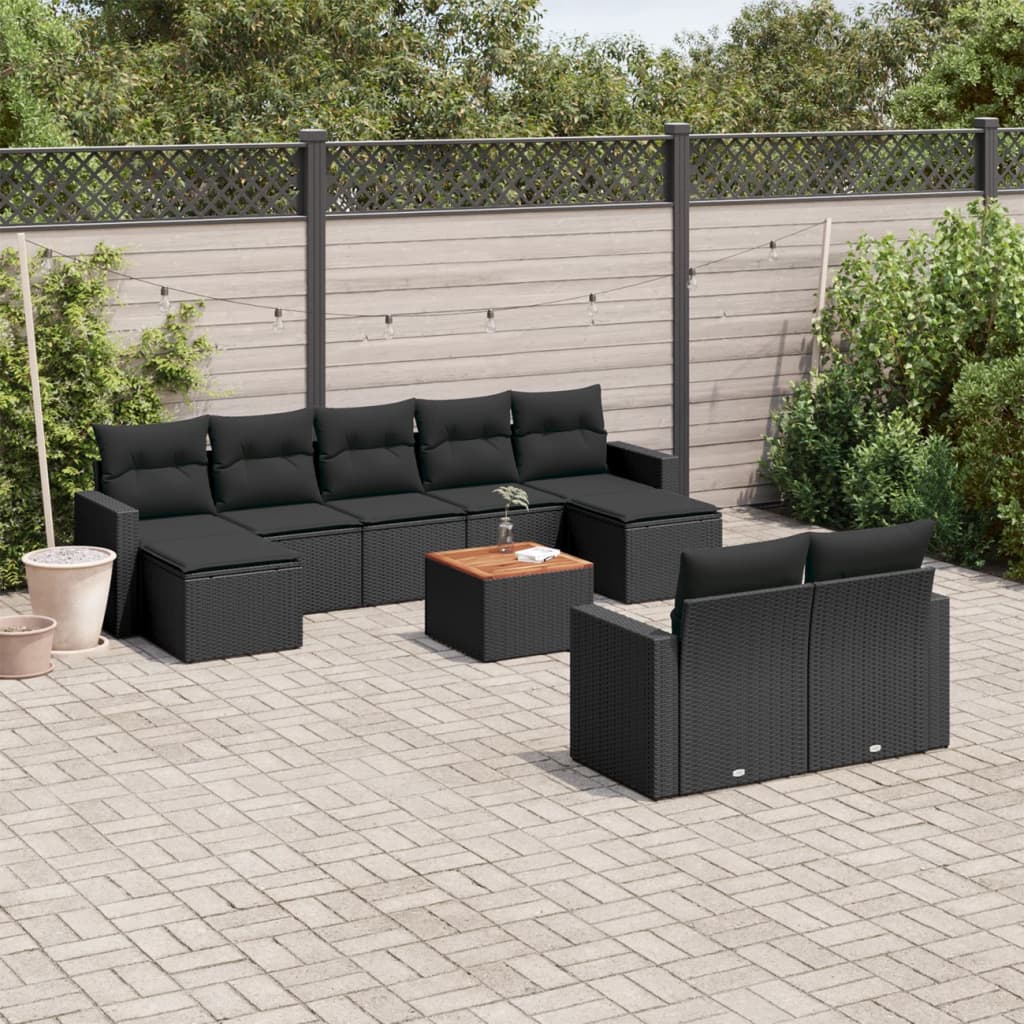 10-tlg. Garten-Sofagarnitur mit Kissen Schwarz Poly Rattan