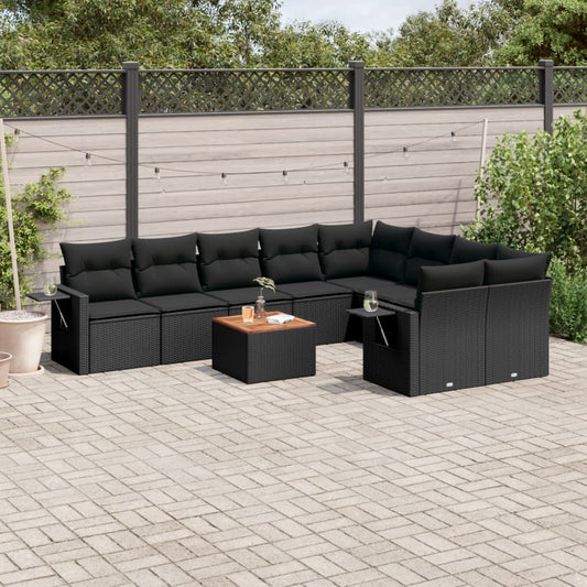 10-tlg. Garten-Sofagarnitur mit Kissen Schwarz Poly Rattan