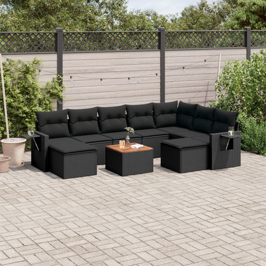 10-tlg. Garten-Sofagarnitur mit Kissen Schwarz Poly Rattan