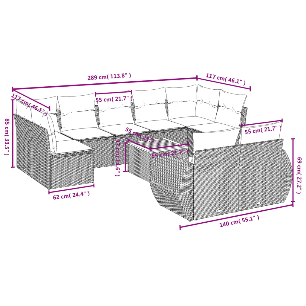 10-tlg. Garten-Sofagarnitur mit Kissen Grau Poly Rattan