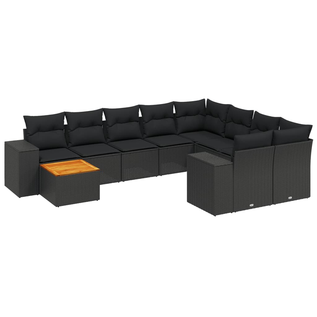 10-tlg. Garten-Sofagarnitur mit Kissen Schwarz Poly Rattan