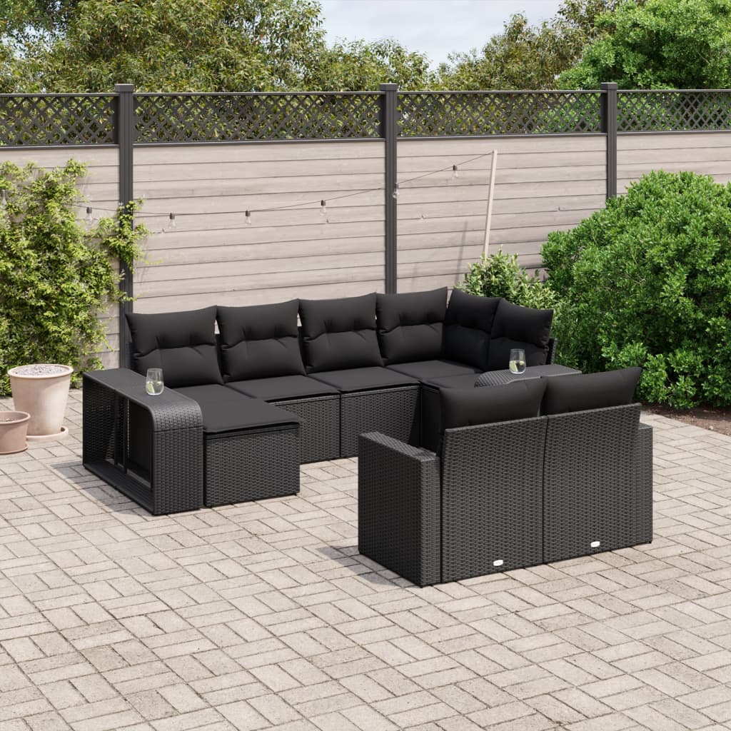 10-tlg. Garten-Sofagarnitur mit Kissen Schwarz Poly Rattan