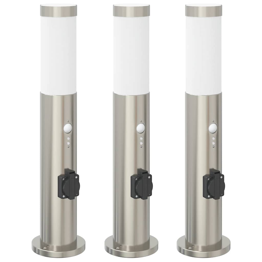 Pollerleuchten mit Sensor&Steckdose 3er 50 cm Edelstahl IP44