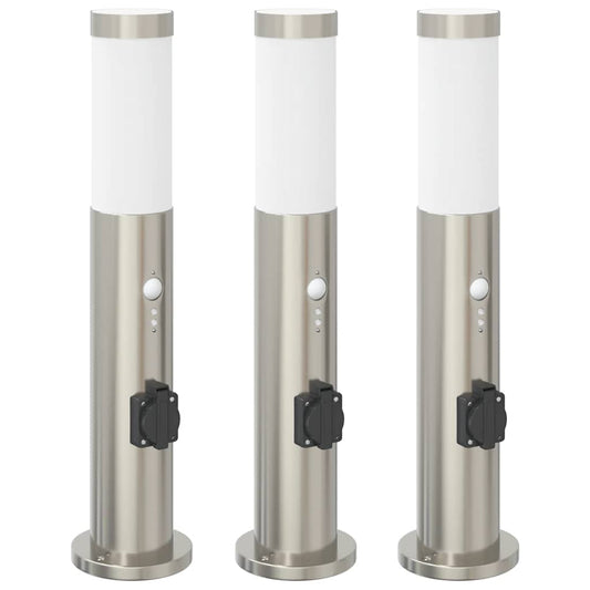 Pollerleuchten mit Sensor&Steckdose 3er 50 cm Edelstahl IP44