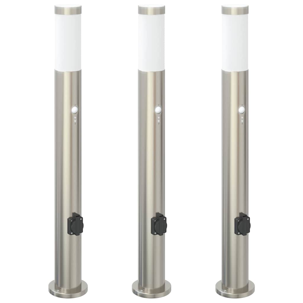 Pollerleuchten mit Sensor&Steckdose 3er 80 cm Edelstahl IP44