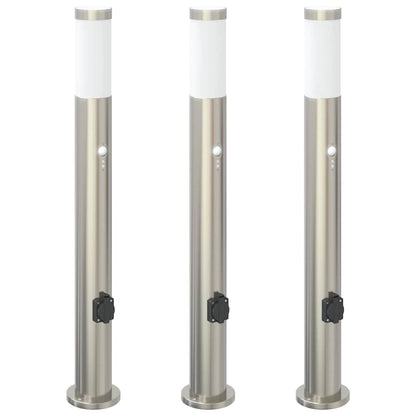 Pollerleuchten mit Sensor&Steckdose 3er 80 cm Edelstahl IP44