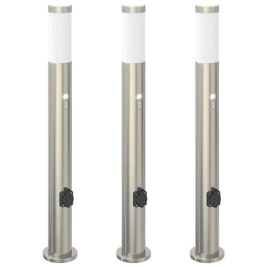 Pollerleuchten mit Sensor&Steckdose 3er 80 cm Edelstahl IP44