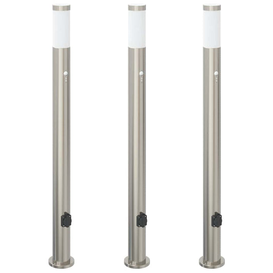 Pollerleuchten mit Sensor&Steckdose 3er 110 cm Edelstahl IP44