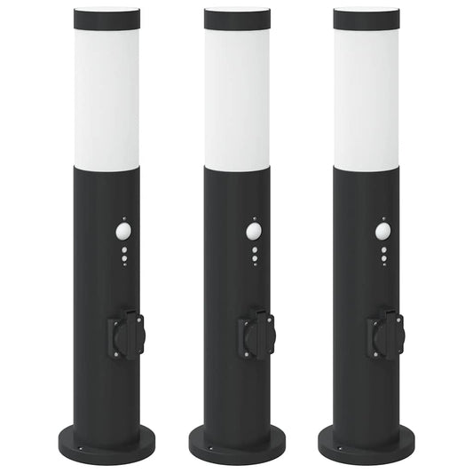 Pollerleuchten mit Sensor&Steckdose 3er 50 cm Edelstahl IP44