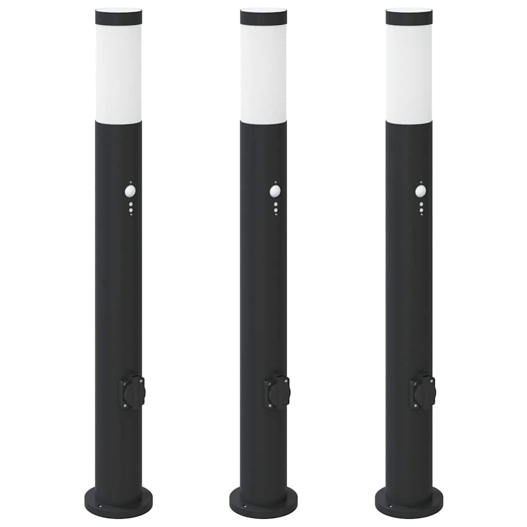 Pollerleuchten mit Sensor&Steckdose 3er 80 cm Edelstahl IP44