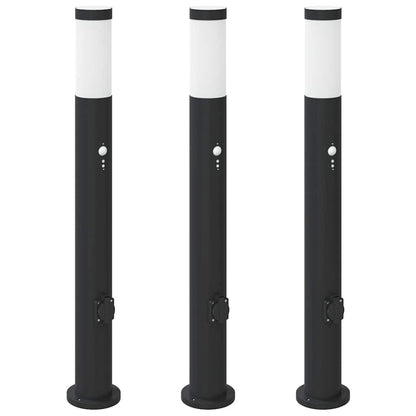 Pollerleuchten mit Sensor&Steckdose 3er 80 cm Edelstahl IP44