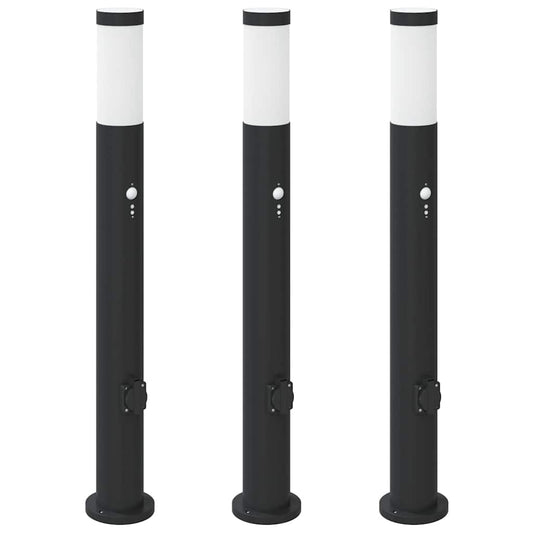 Pollerleuchten mit Sensor&Steckdose 3er 80 cm Edelstahl IP44
