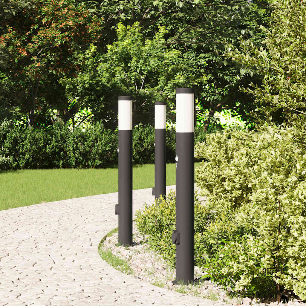 Pollerleuchten mit Sensor&Steckdose 3er 80 cm Edelstahl IP44