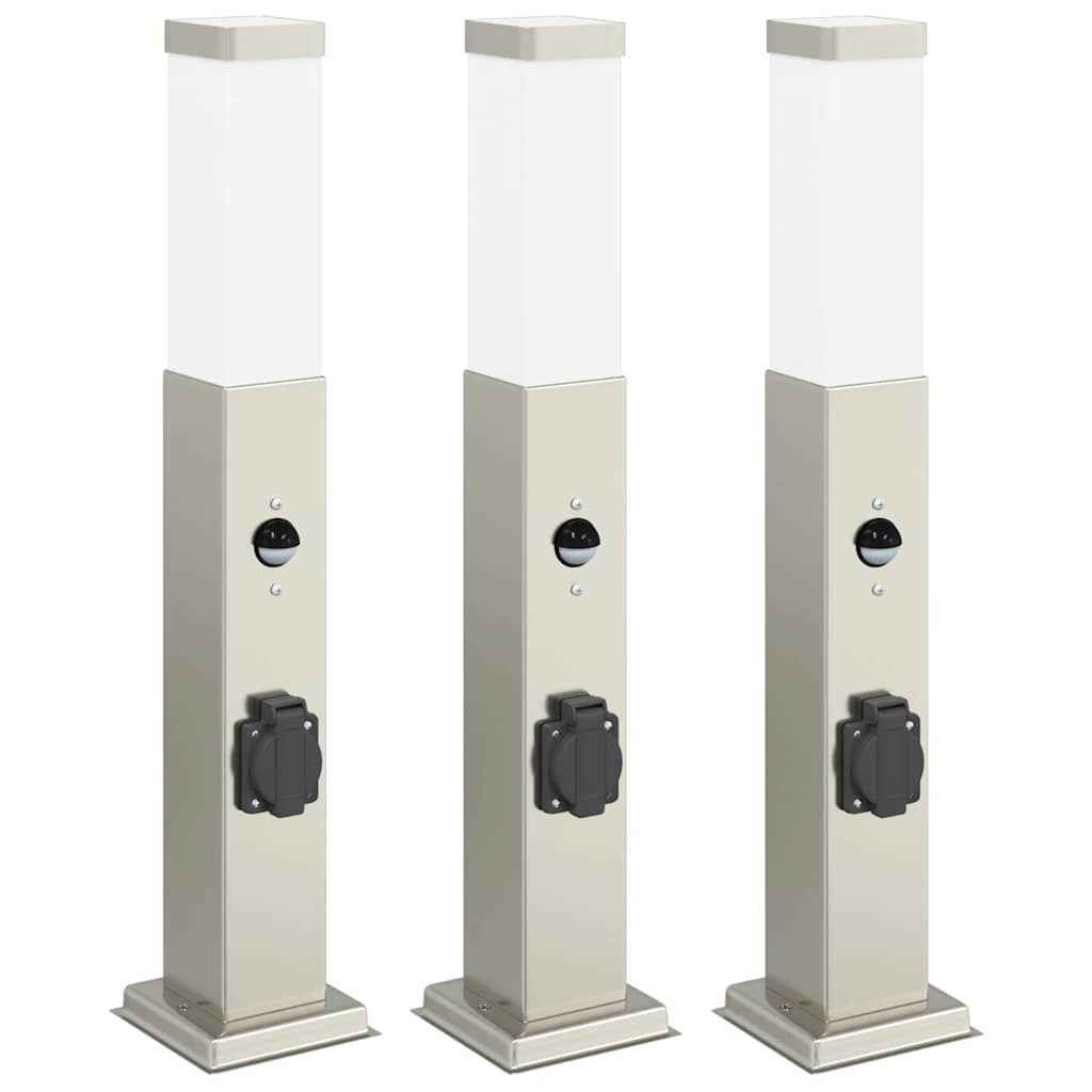 Pollerleuchten mit Sensor&Steckdose 3 Stk. 50 cm Edelstahl IP44
