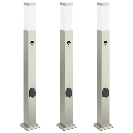 Pollerleuchten mit Sensor&Steckdose 3 Stk. 80 cm Edelstahl IP44