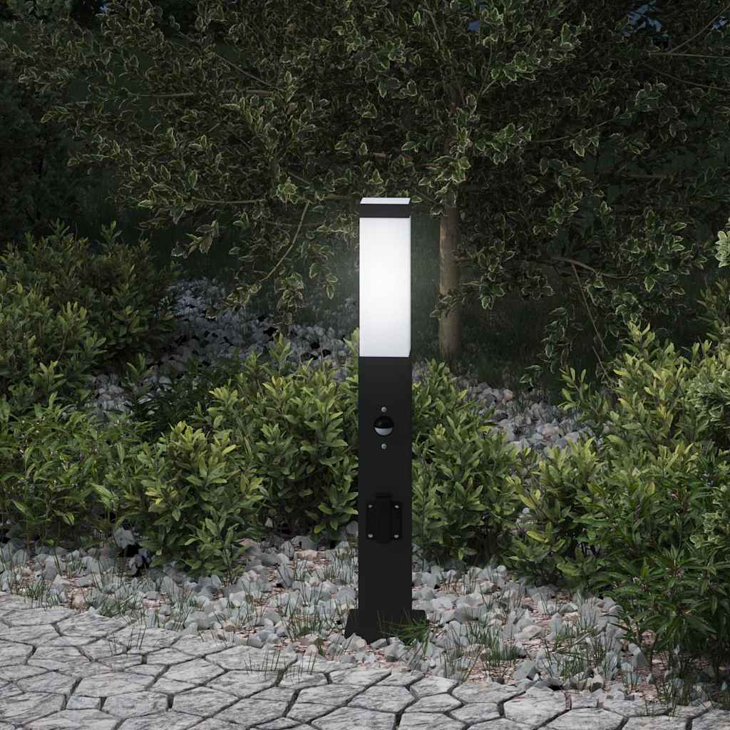 Pollerleuchte mit Sensor und Steckdose 50 cm Schwarz IP44