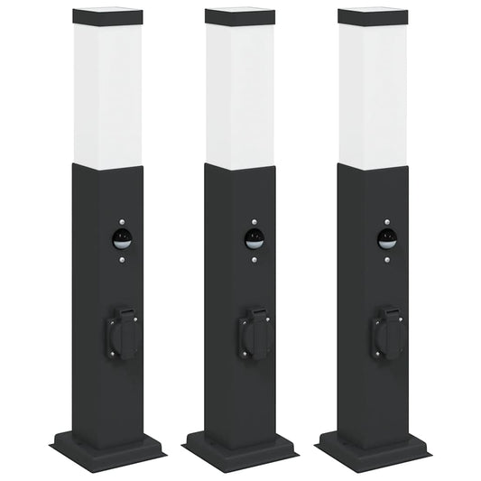 Pollerleuchten mit Sensor&Steckdose 3 Stk. 50 cm Schwarz IP44