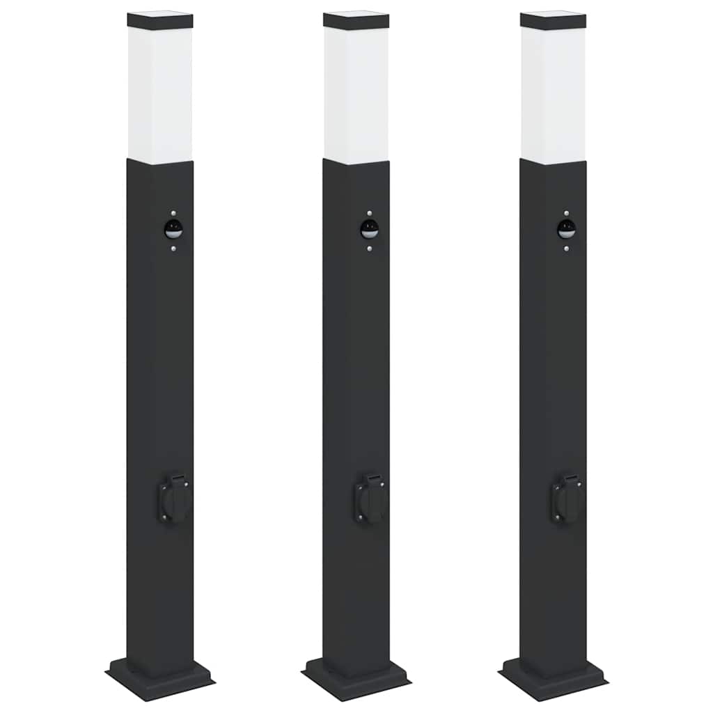 Pollerleuchten mit Sensor&Steckdose 3 Stk. 80 cm Schwarz IP44