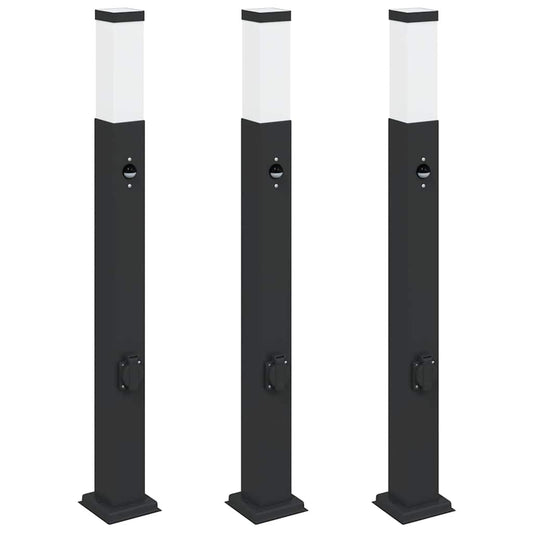 Pollerleuchten mit Sensor&Steckdose 3 Stk. 80 cm Schwarz IP44
