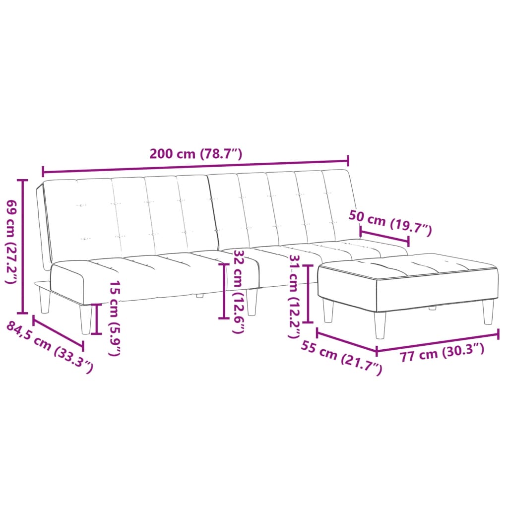 Schlafsofa 2-Sitzer mit Fußhocker Schwarz Stoff