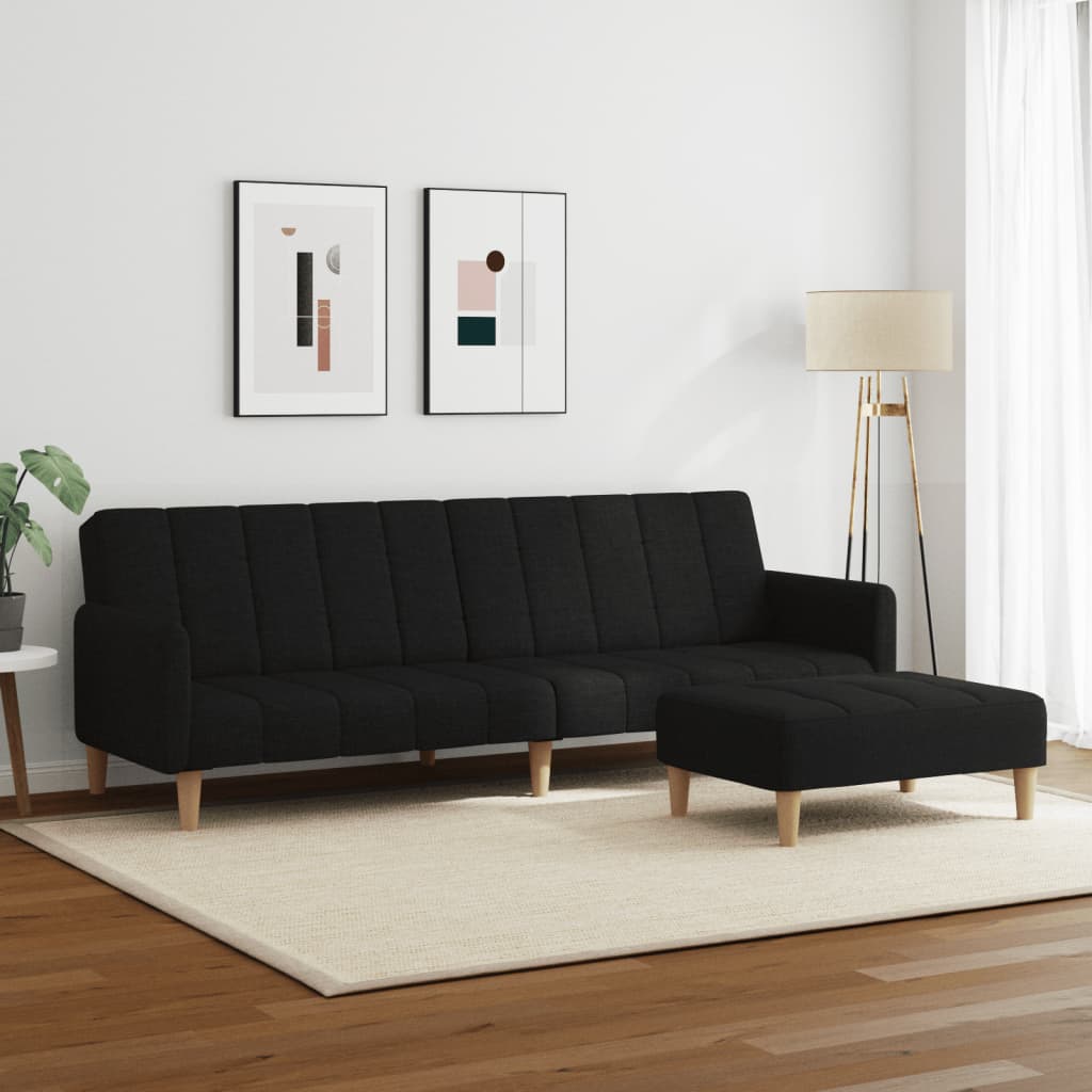 Schlafsofa 2-Sitzer mit Fußhocker Schwarz Stoff