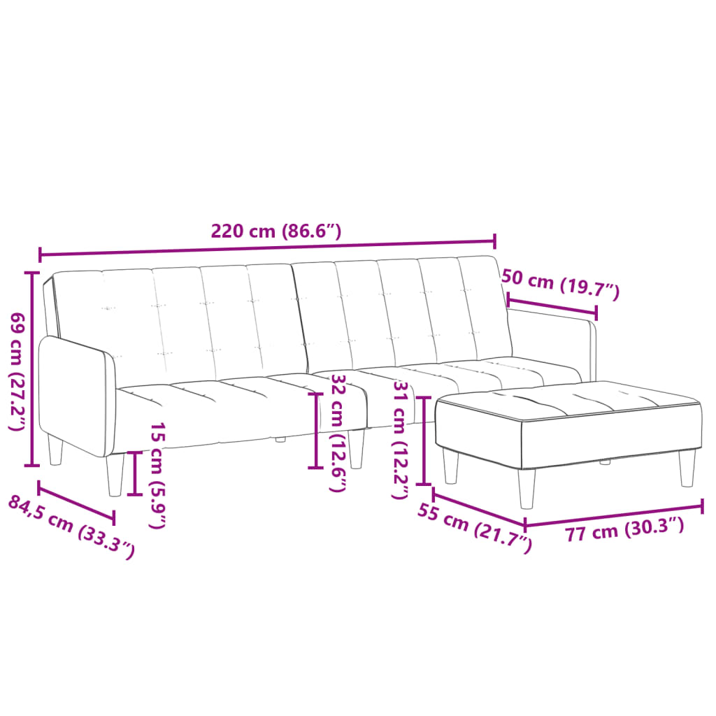 Schlafsofa 2-Sitzer mit Fußhocker Schwarz Stoff