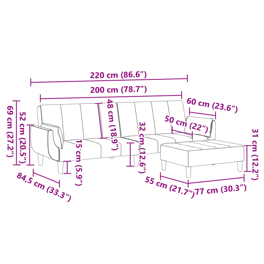 Schlafsofa 2-Sitzer mit Fußhocker Hellgrau Samt