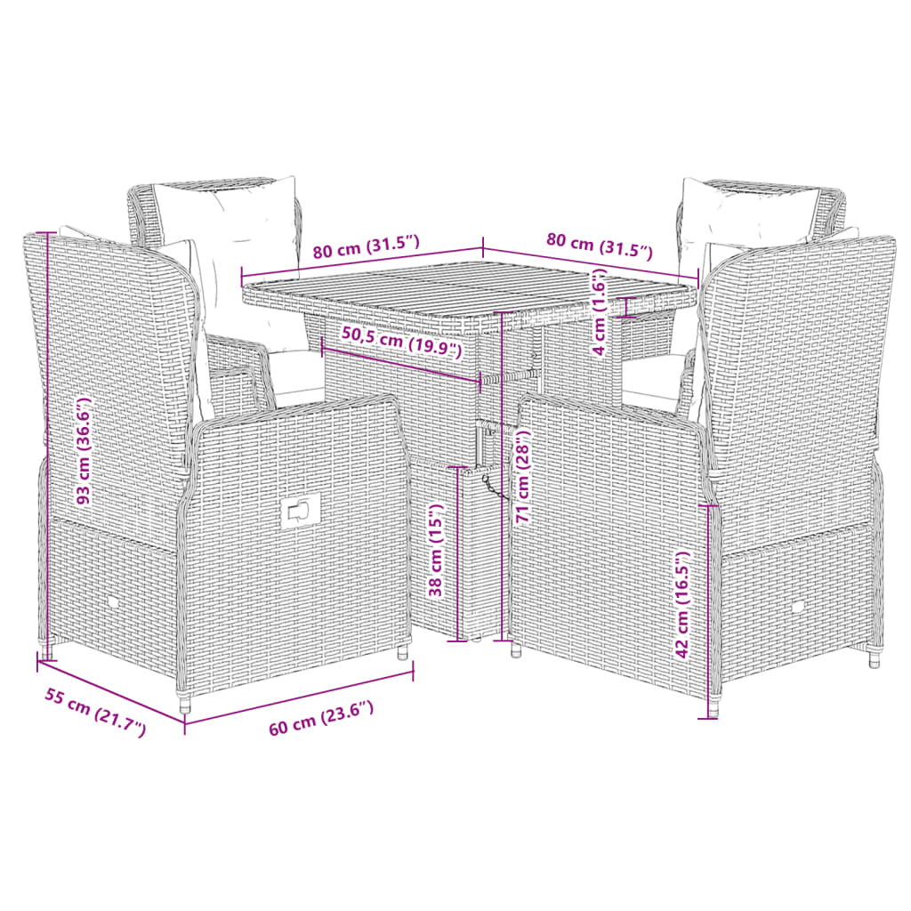 5-tlg. Garten-Essgruppe mit Kissen Schwarz Poly Rattan