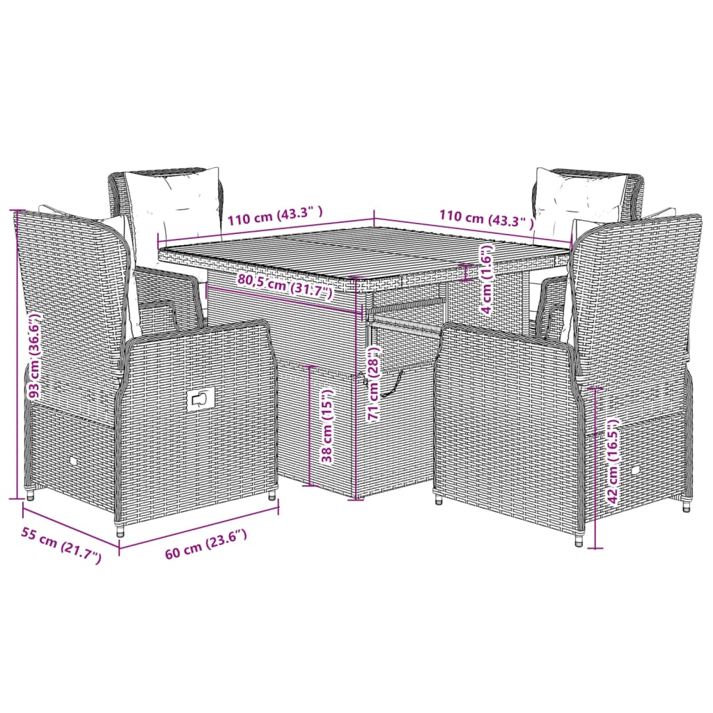 5-tlg. Garten-Essgruppe mit Kissen Grau Poly Rattan