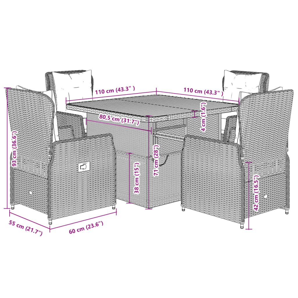 5-tlg. Garten-Essgruppe mit Kissen Beige Poly Rattan