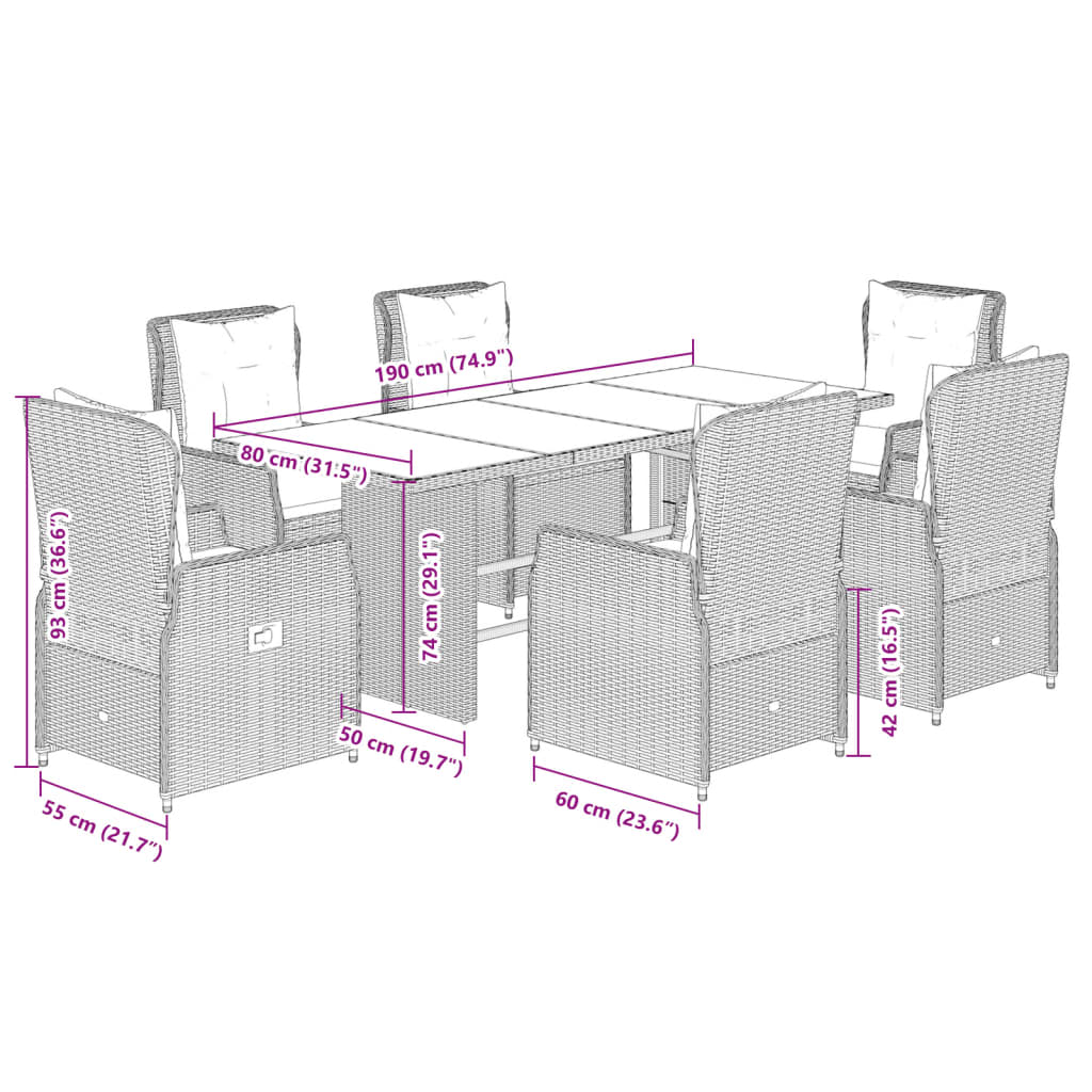 7-tlg. Garten-Essgruppe mit Kissen Schwarz Poly Rattan