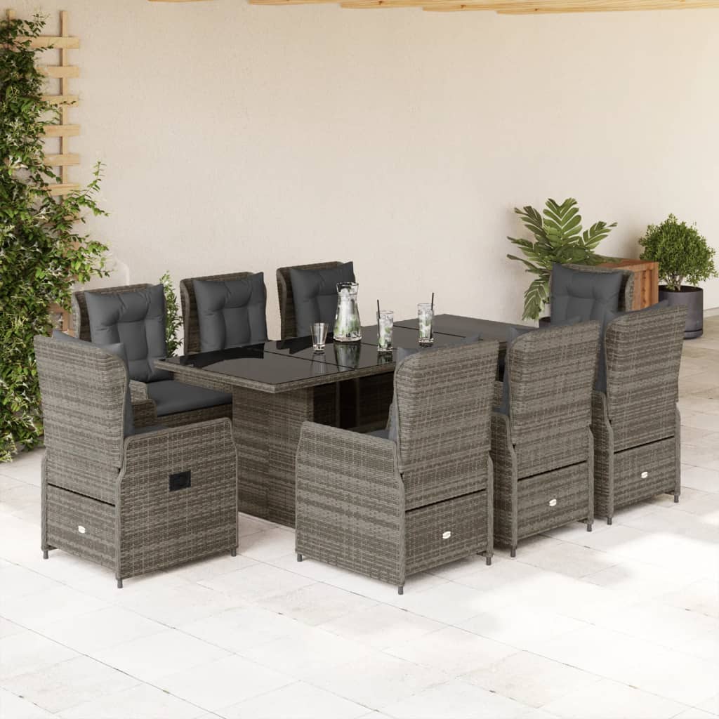 9-tlg. Garten-Essgruppe mit Kissen Grau Poly Rattan